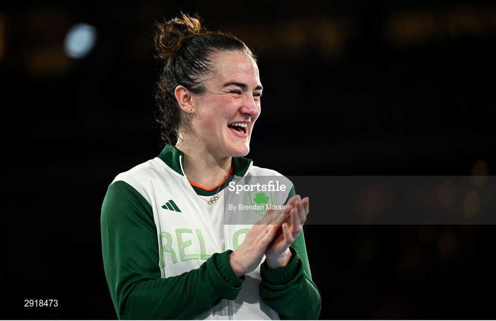 6 August 2024; Kellie Harrington of Team Ireland celebrates before receiving her gold medal after defeating Wenlu Yang of Team People's Republic of China in their women's 60kg final bout at Court Philippe-Chatrier in Roland Garros Stadium during the 2024 Paris Summer Olympic Games in Paris, France. Photo by Brendan Moran/Sportsfile