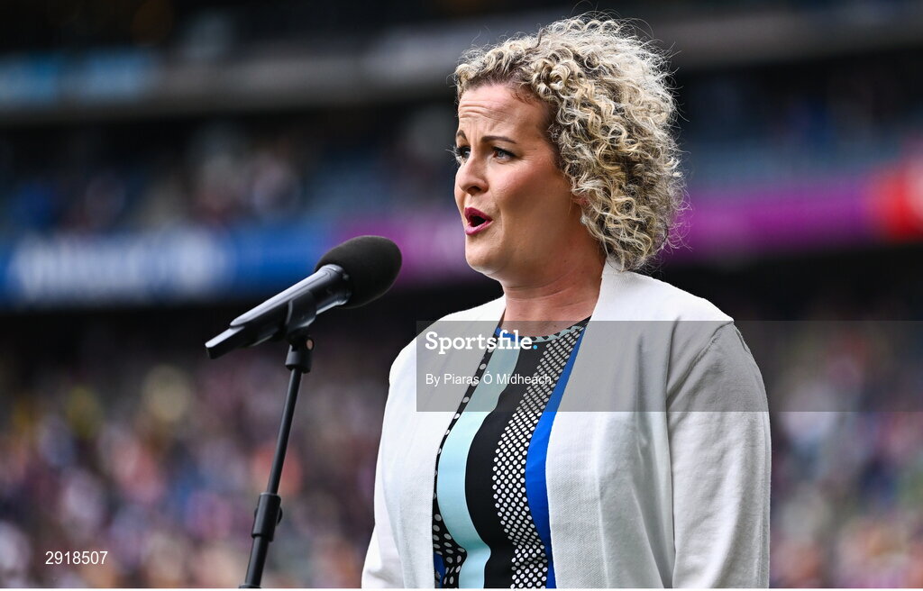 4 August 2024; Annie Halligan sings Amhrán na bhFiann before the TG4 All-Ireland Ladies Football Senior Championship final match between Galway and Kerry at Croke Park in Dublin. Photo by Piaras Ó Mídheach/Sportsfile
