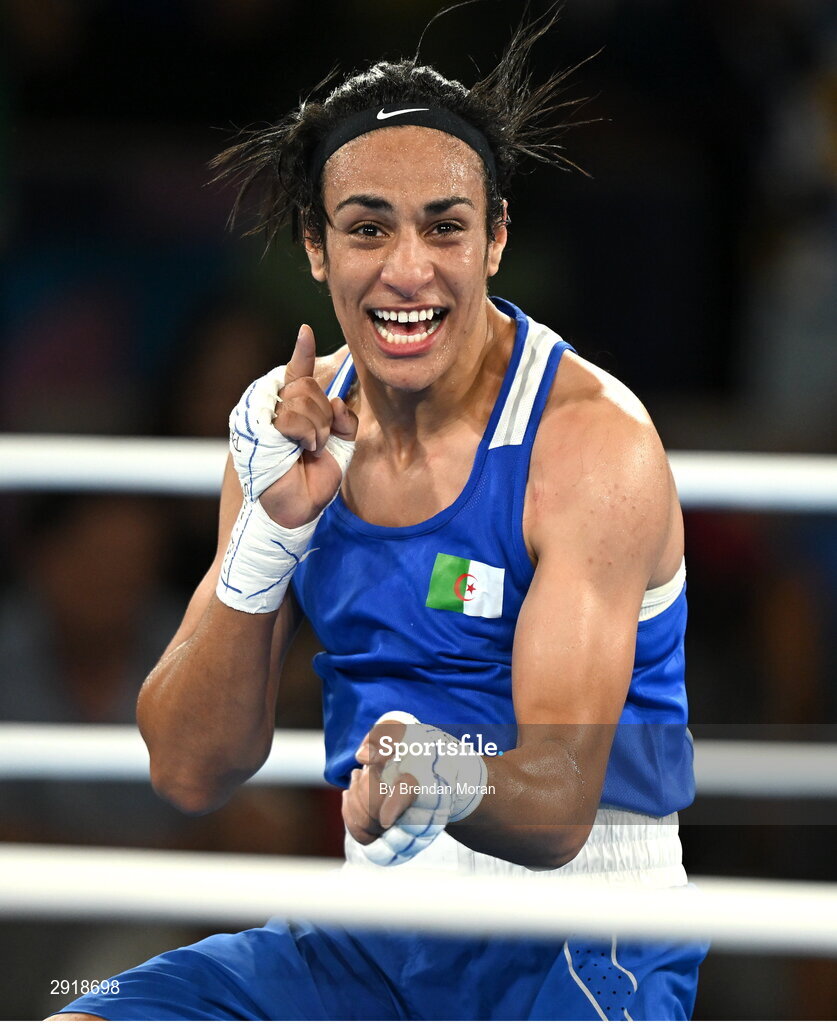 6 August 2024; Imane Khelif of Team Algeria celebrates after defeating Janjaem Suwannapheng of Team Thailand during their women's 66kg semi-final bout at Court Philippe-Chatrier in Roland Garros Stadium during the 2024 Paris Summer Olympic Games in Paris, France. Photo by Brendan Moran/Sportsfile