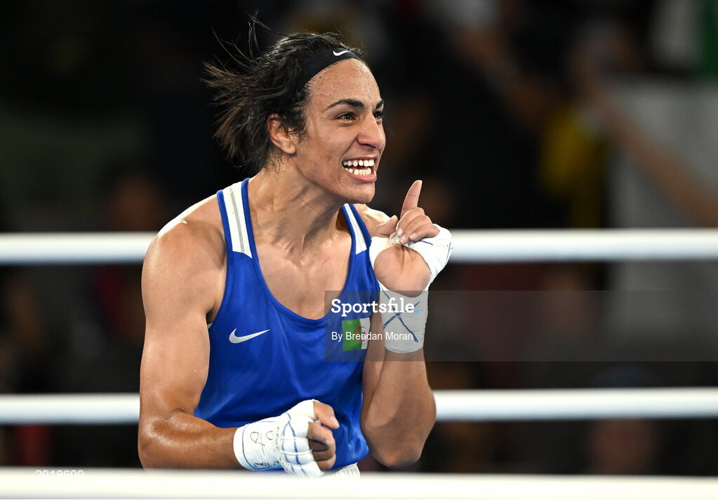 6 August 2024; Imane Khelif of Team Algeria celebrates after defeating Janjaem Suwannapheng of Team Thailand during their women's 66kg semi-final bout at Court Philippe-Chatrier in Roland Garros Stadium during the 2024 Paris Summer Olympic Games in Paris, France. Photo by Brendan Moran/Sportsfile