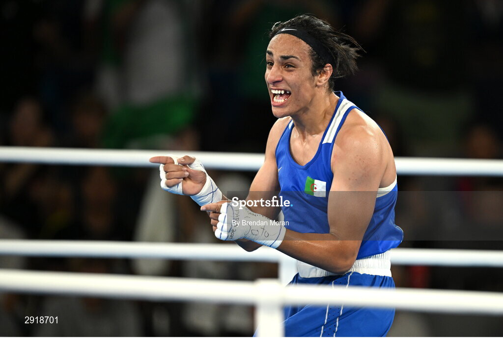 6 August 2024; Imane Khelif of Team Algeria celebrates after defeating Janjaem Suwannapheng of Team Thailand during their women's 66kg semi-final bout at Court Philippe-Chatrier in Roland Garros Stadium during the 2024 Paris Summer Olympic Games in Paris, France. Photo by Brendan Moran/Sportsfile
