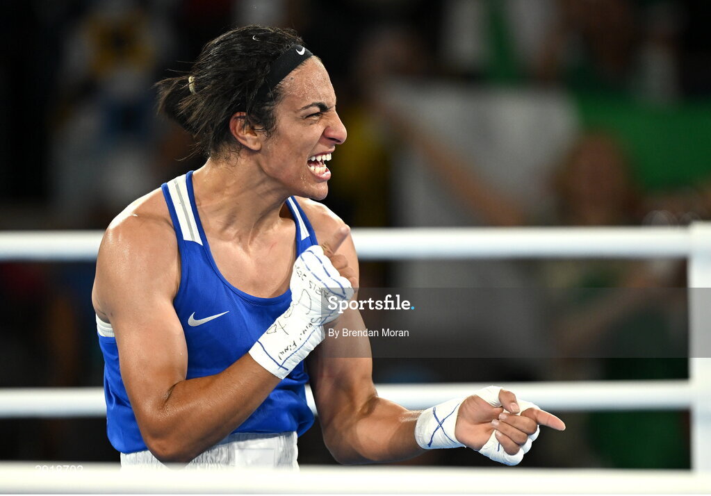 6 August 2024; Imane Khelif of Team Algeria celebrates after defeating Janjaem Suwannapheng of Team Thailand during their women's 66kg semi-final bout at Court Philippe-Chatrier in Roland Garros Stadium during the 2024 Paris Summer Olympic Games in Paris, France. Photo by Brendan Moran/Sportsfile