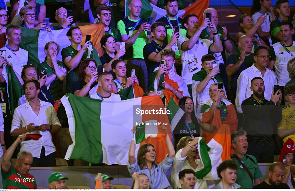 6 August 2024; Ireland supporters at Court Philippe-Chatrier in Roland Garros Stadium during the 2024 Paris Summer Olympic Games in Paris, France. Photo by Brendan Moran/Sportsfile