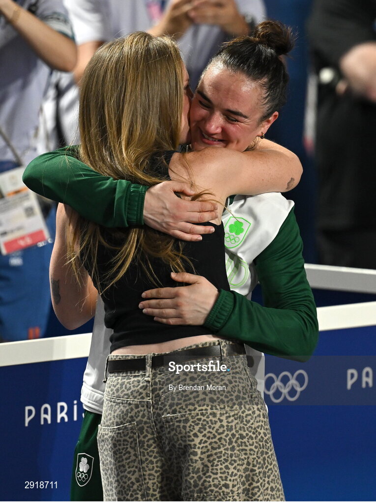 6 August 2024; Kellie Harrington of Team Ireland with her wife Mandy after defeating Wenlu Yang of Team People's Republic of China in their women's 60kg final bout at Court Philippe-Chatrier in Roland Garros Stadium during the 2024 Paris Summer Olympic Games in Paris, France. Photo by Brendan Moran/Sportsfile