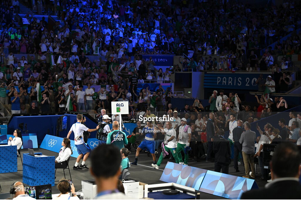 6 August 2024; Imane Khelif of Team Algeria walks out for her women's 66kg semi-final bout against Janjaem Suwannapheng of Team Thailand at Court Philippe-Chatrier in Roland Garros Stadium during the 2024 Paris Summer Olympic Games in Paris, France. Photo by Brendan Moran/Sportsfile