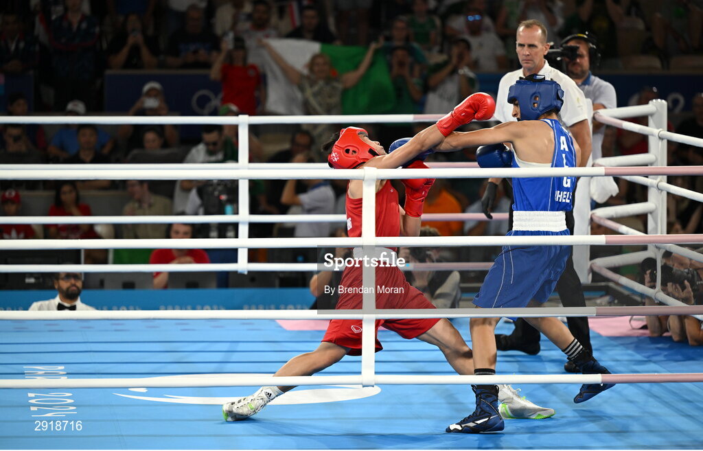6 August 2024; Imane Khelif of Team Algeria, right, in action against Janjaem Suwannapheng of Team Thailand during their women's 66kg semi-final bout at Court Philippe-Chatrier in Roland Garros Stadium during the 2024 Paris Summer Olympic Games in Paris, France. Photo by Brendan Moran/Sportsfile