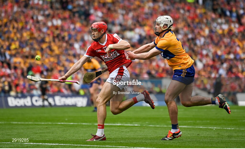 21 July 2024; Alan Connolly of Cork is tackled by Adam Hogan of Clare during the GAA Hurling All-Ireland Senior Championship Final between Clare and Cork at Croke Park in Dublin. Photo by Brendan Moran/Sportsfile