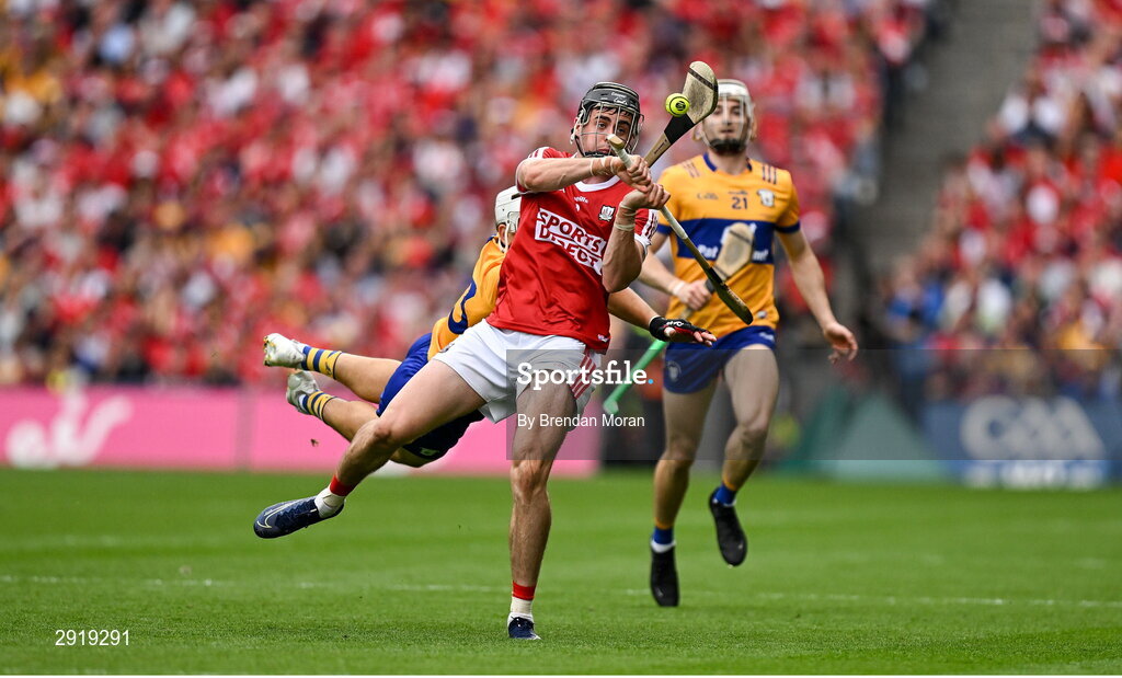 21 July 2024; Darragh Fitzgibbon of Cork in action against Aron Shanagher of Clare during the GAA Hurling All-Ireland Senior Championship Final between Clare and Cork at Croke Park in Dublin. Photo by Brendan Moran/Sportsfile