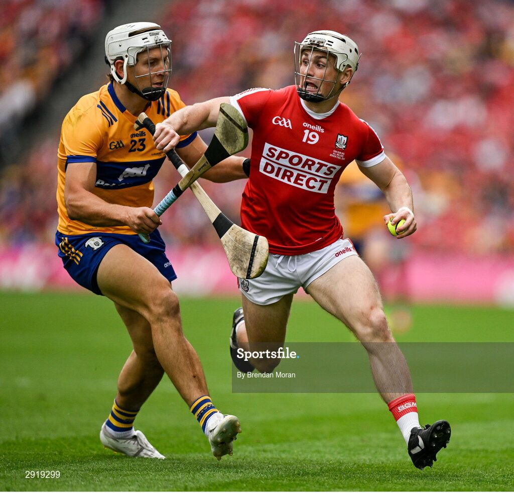 21 July 2024; Tommy O'Connell of Cork is tackled by Aron Shanagher of Clare during the GAA Hurling All-Ireland Senior Championship Final between Clare and Cork at Croke Park in Dublin. Photo by Brendan Moran/Sportsfile