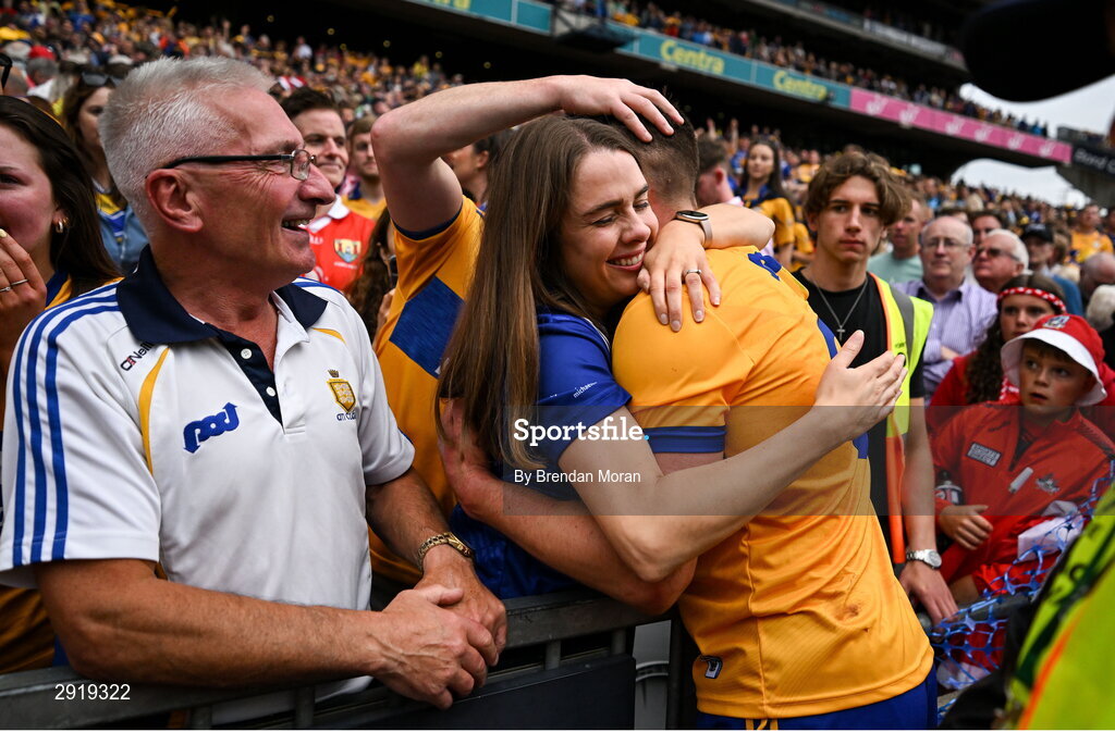 21 July 2024; John Conlon of Clare celebrates with his wife Michelle Caulfield after the GAA Hurling All-Ireland Senior Championship Final between Clare and Cork at Croke Park in Dublin. Photo by Brendan Moran/Sportsfile