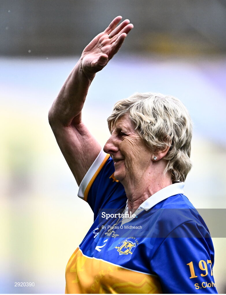 4 August 2024; Sally Clohessy, from Moycarkey, of the Tipperary team of 1974 who won the first All-Ireland Ladies Senior Football Championship final, is introduced to the crowd at half-time during the TG4 All-Ireland Ladies Football Intermediate Championship final match between Leitrim and Tyrone at Croke Park in Dublin. Photo by Piaras Ó Mídheach/Sportsfile
