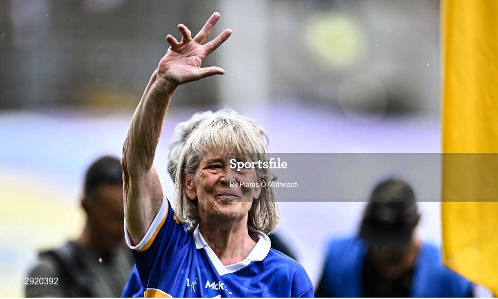 4 August 2024; Margaret Carroll, from Ardfinnan, of the Tipperary team of 1974 who won the first All-Ireland Ladies Senior Football Championship final, is introduced to the crowd at half-time during the TG4 All-Ireland Ladies Football Intermediate Championship final match between Leitrim and Tyrone at Croke Park in Dublin. Photo by Piaras Ó Mídheach/Sportsfile