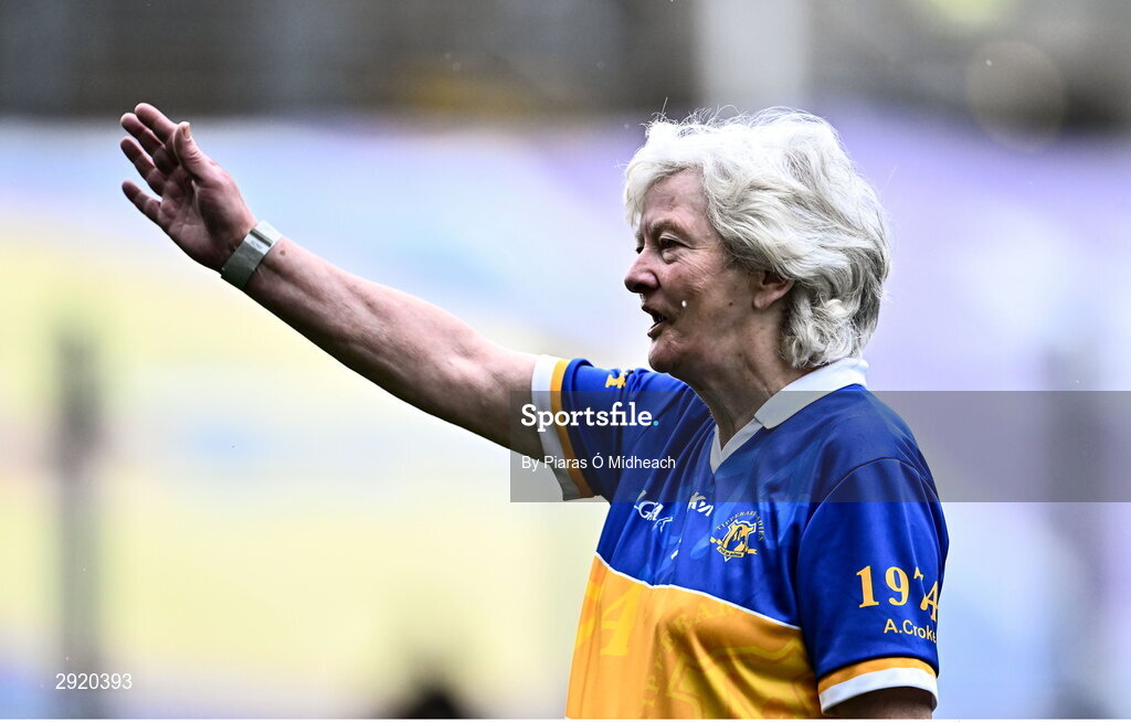 4 August 2024; Anne Croke, from Mullinahone, of the Tipperary team of 1974 who won the first All-Ireland Ladies Senior Football Championship final, is introduced to the crowd at half-time during the TG4 All-Ireland Ladies Football Intermediate Championship final match between Leitrim and Tyrone at Croke Park in Dublin. Photo by Piaras Ó Mídheach/Sportsfile