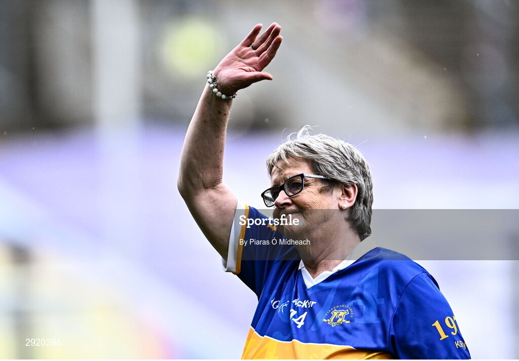 4 August 2024; Kitty Ryan Savage, from Ardfinnan, team captain of the Tipperary team of 1974, who won the first All-Ireland Ladies Senior Football Championship final, is introduced to the crowd at half-time during the TG4 All-Ireland Ladies Football Intermediate Championship final match between Leitrim and Tyrone at Croke Park in Dublin. Photo by Piaras Ó Mídheach/Sportsfile