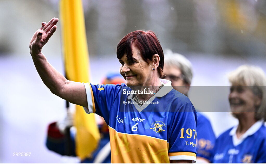 4 August 2024; Tina Flynn from Ardfinnan, of the Tipperary team of 1974 who won the first All-Ireland Ladies Senior Football Championship final, is introduced to the crowd at half-time during the TG4 All-Ireland Ladies Football Intermediate Championship final match between Leitrim and Tyrone at Croke Park in Dublin. Photo by Piaras Ó Mídheach/Sportsfile