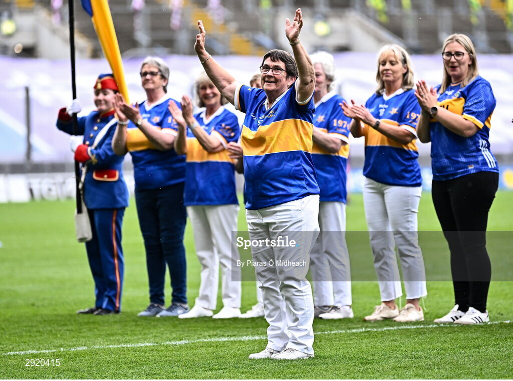 4 August 2024; Eileen Dudley, from Cashel, of the Tipperary team of 1974, who won the first All-Ireland Ladies Senior Football Championship final, as they are introduced to the crowd at half-time during the TG4 All-Ireland Ladies Football Intermediate Championship final match between Leitrim and Tyrone at Croke Park in Dublin. Photo by Piaras Ó Mídheach/Sportsfile