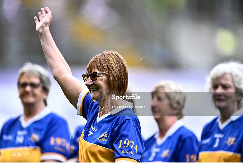 4 August 2024; Betty Luby, from Golden in West Tipperary, of the Tipperary team of 1974, who won the first All-Ireland Ladies Senior Football Championship final, as they are introduced to the crowd at half-time during the TG4 All-Ireland Ladies Football Intermediate Championship final match between Leitrim and Tyrone at Croke Park in Dublin. Photo by Piaras Ó Mídheach/Sportsfile