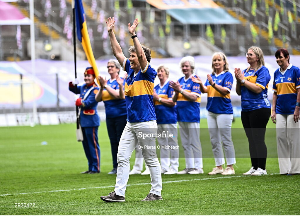 4 August 2024; Lillian Gorey, from St Brigid’s, Killurney, of the Tipperary team of 1974, who won the first All-Ireland Ladies Senior Football Championship final, as they are introduced to the crowd at half-time during the TG4 All-Ireland Ladies Football Intermediate Championship final match between Leitrim and Tyrone at Croke Park in Dublin. Photo by Piaras Ó Mídheach/Sportsfile