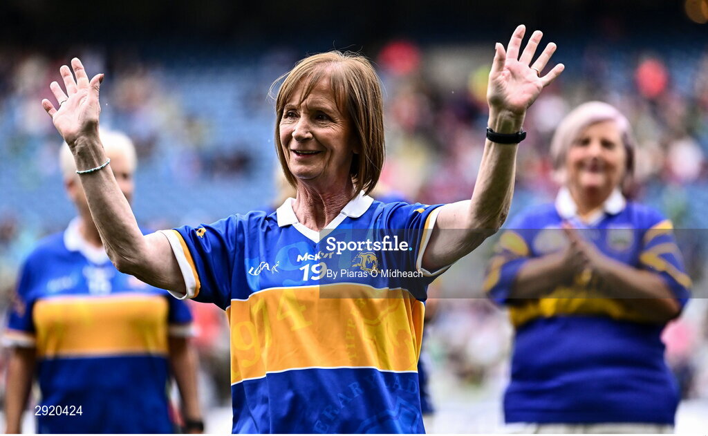 4 August 2024; Mary Lonergan, from Emly, of the Tipperary team of 1974, who won the first All-Ireland Ladies Senior Football Championship final, as they are introduced to the crowd at half-time during the TG4 All-Ireland Ladies Football Intermediate Championship final match between Leitrim and Tyrone at Croke Park in Dublin. Photo by Piaras Ó Mídheach/Sportsfile