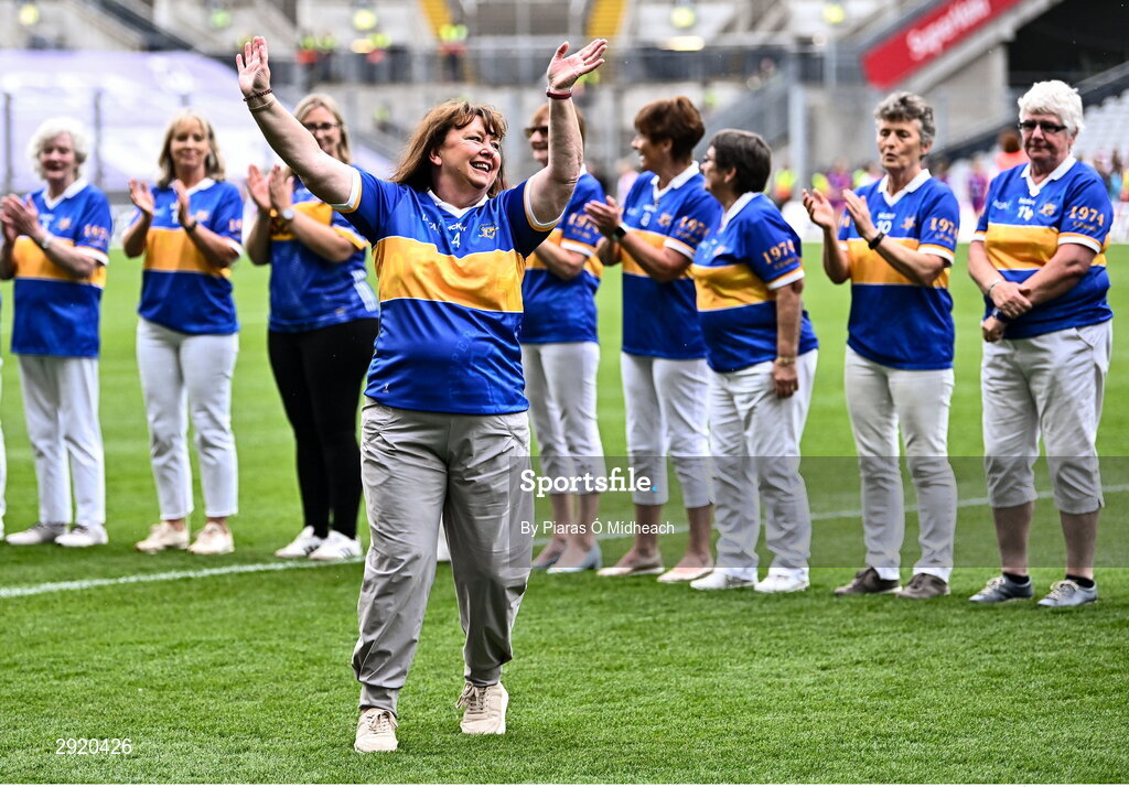 4 August 2024; Josie Keane, from Mullinahone, of the Tipperary team of 1974, who won the first All-Ireland Ladies Senior Football Championship final, as they are introduced to the crowd at half-time during the TG4 All-Ireland Ladies Football Intermediate Championship final match between Leitrim and Tyrone at Croke Park in Dublin. Photo by Piaras Ó Mídheach/Sportsfile