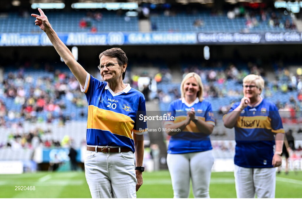 4 August 2024; Ann Bryan, from Moycarkey, of the Tipperary team of 1974, who won the first All-Ireland Ladies Senior Football Championship final, as they are introduced to the crowd at half-time during the TG4 All-Ireland Ladies Football Intermediate Championship final match between Leitrim and Tyrone at Croke Park in Dublin. Photo by Piaras Ó Mídheach/Sportsfile