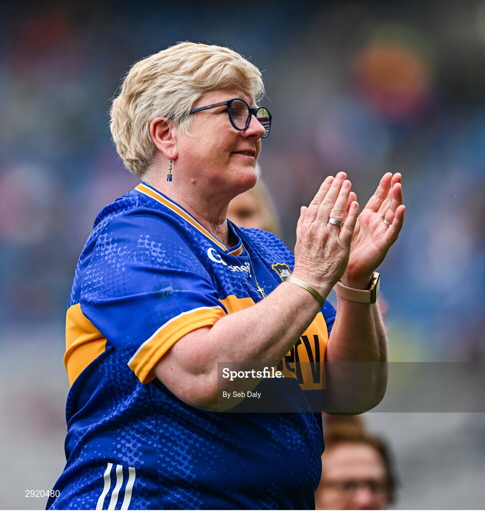 4 August 2024; Cáit O’Dwyer, from Moycarkey, of the Tipperary team of 1974, who won the first All-Ireland Ladies Senior Football Championship final, as they are introduced to the crowd at half-time during the TG4 All-Ireland Ladies Football Intermediate Championship final match between Leitrim and Tyrone at Croke Park in Dublin. Photo by Seb Daly/Sportsfile