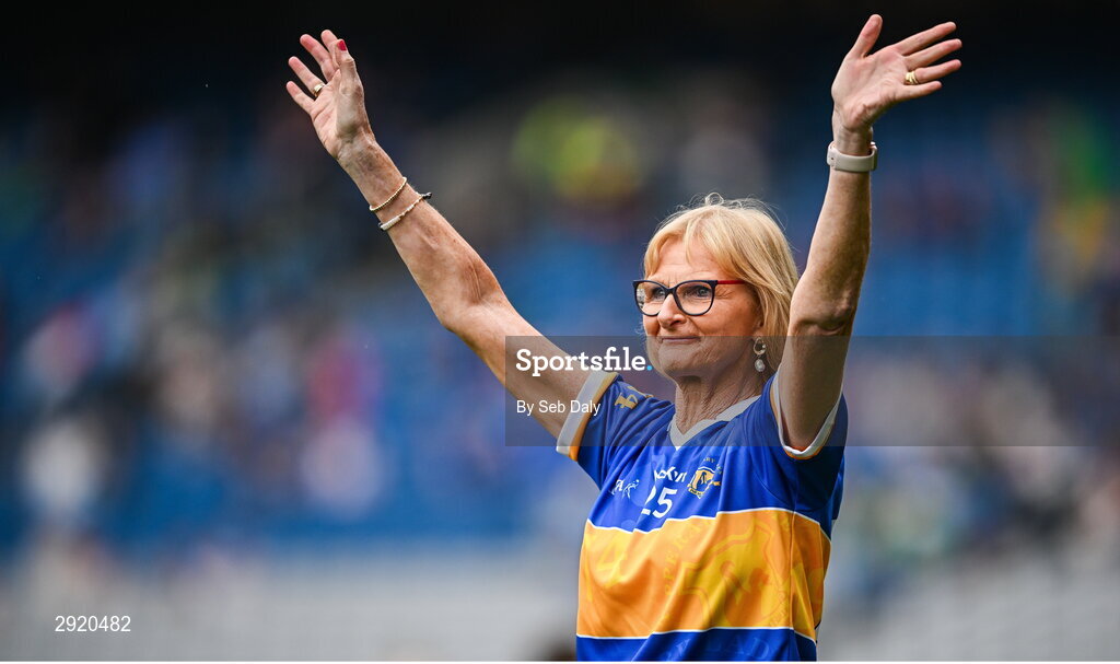 4 August 2024; Noreen Blake from Golden of the Tipperary team of 1974, who won the first All-Ireland Ladies Senior Football Championship final, as they are introduced to the crowd at half-time during the TG4 All-Ireland Ladies Football Intermediate Championship final match between Leitrim and Tyrone at Croke Park in Dublin. Photo by Seb Daly/Sportsfile