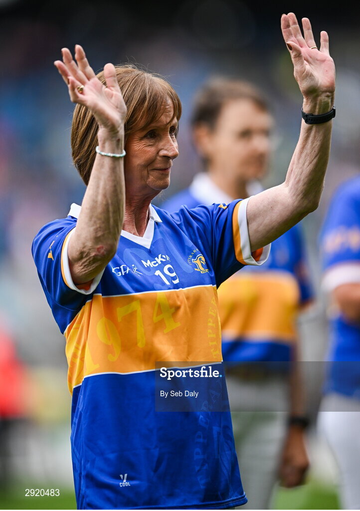 4 August 2024; Mary Lonergan, from Emly, of the Tipperary team of 1974, who won the first All-Ireland Ladies Senior Football Championship final, as they are introduced to the crowd at half-time during the TG4 All-Ireland Ladies Football Intermediate Championship final match between Leitrim and Tyrone at Croke Park in Dublin. Photo by Seb Daly/Sportsfile