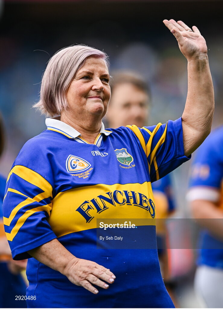 4 August 2024;  Ena Hackett from Newcastle, represented today by her relative, Mary Strappe, of the Tipperary team of 1974, who won the first All-Ireland Ladies Senior Football Championship final, as they are introduced to the crowd at half-time during the TG4 All-Ireland Ladies Football Intermediate Championship final match between Leitrim and Tyrone at Croke Park in Dublin. Photo by Seb Daly/Sportsfile