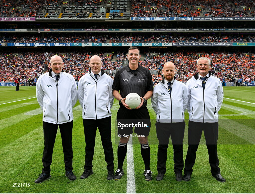 28 July 2024; Referee Sean Hurson and umpires before the GAA Football All-Ireland Senior Championship Final match between Armagh and Galway at Croke Park in Dublin. Photo by Ray McManus/Sportsfile