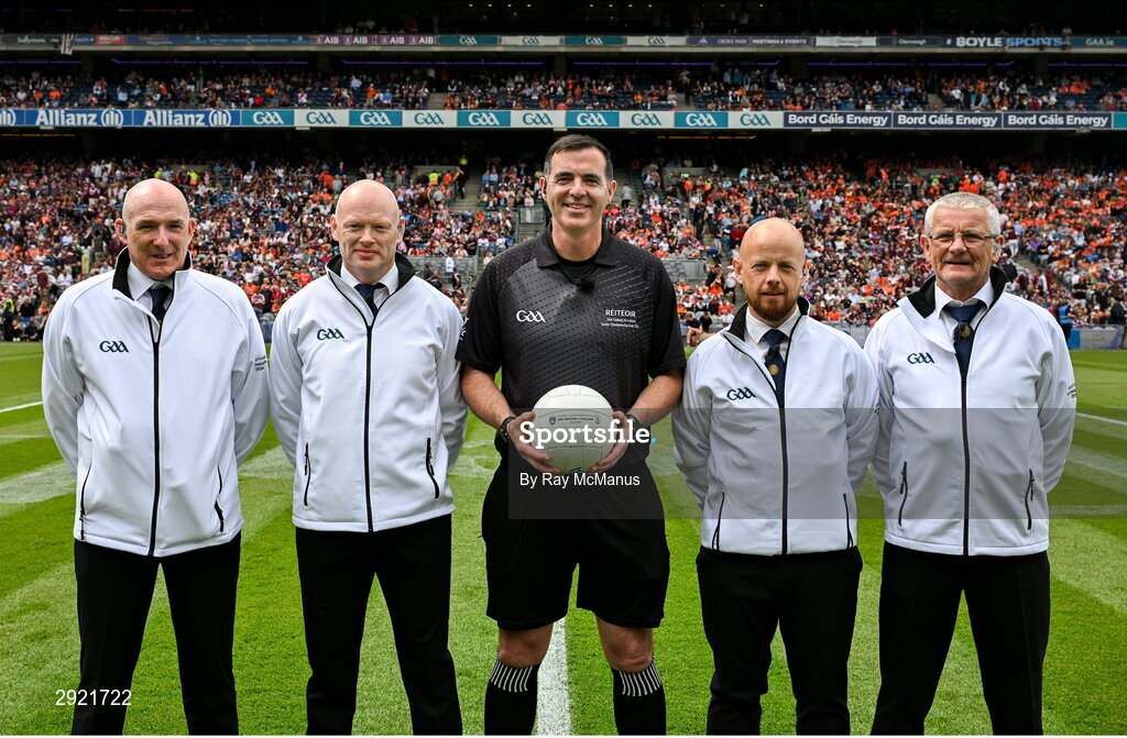 28 July 2024; Referee Sean Hurson and umpires before the GAA Football All-Ireland Senior Championship Final match between Armagh and Galway at Croke Park in Dublin. Photo by Ray McManus/Sportsfile