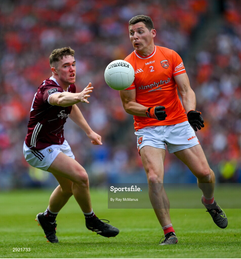 28 July 2024; Paddy Burns of Armagh in action against Jack Glynn of Galway during the GAA Football All-Ireland Senior Championship Final match between Armagh and Galway at Croke Park in Dublin. Photo by Ray McManus/Sportsfile