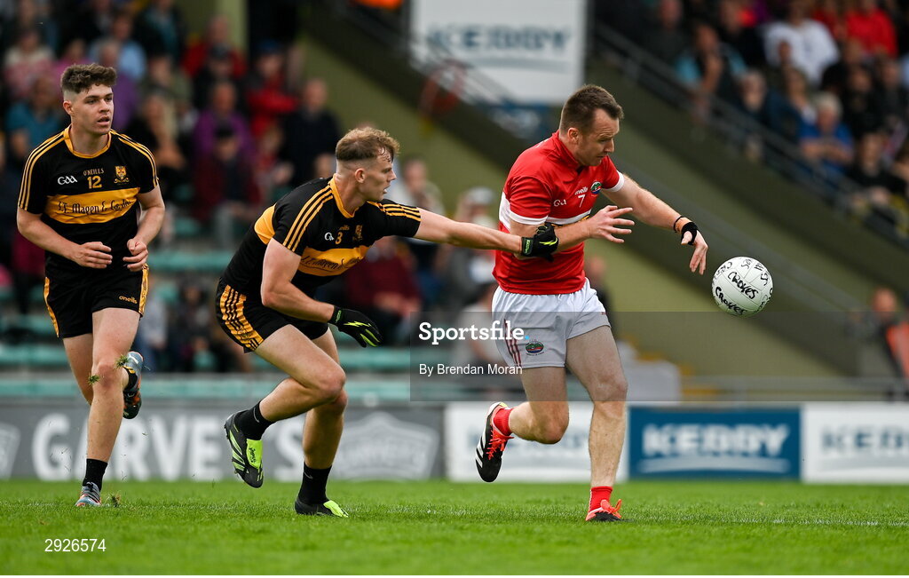 1 September 2024; Darragh O'Sullivan of Dingle in action against Mark O'Shea of Dr Crokes during the Kerry Senior Club Football Championship final between Dingle and Dr Crokes at Austin Stacks Park in Tralee, Kerry. Photo by Brendan Moran/Sportsfile