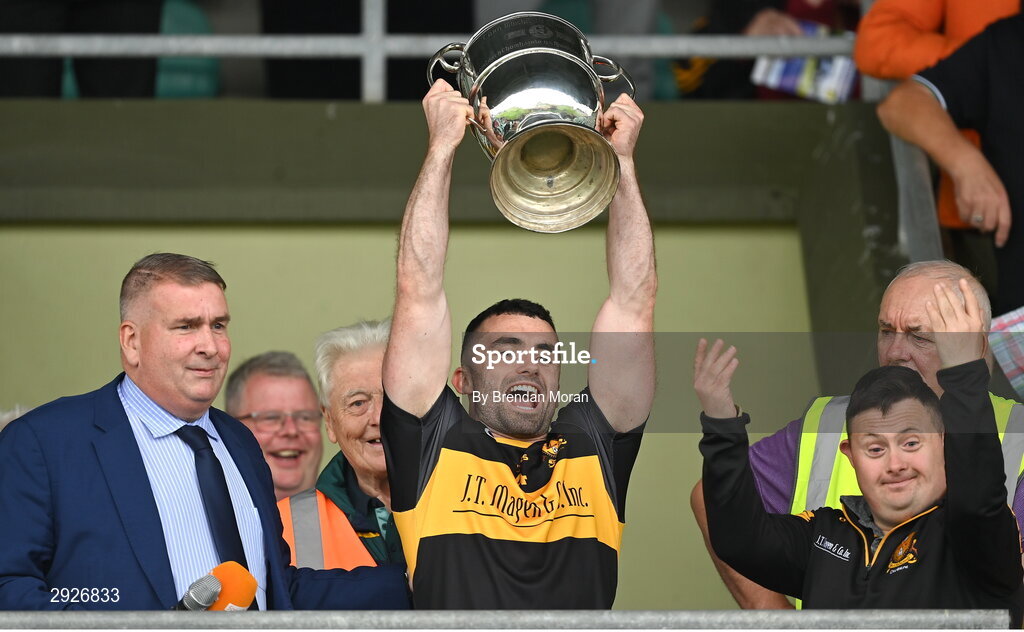 1 September 2024; Dr Crokes captain David Naughten lifts the Michael O'Connor cup after the Kerry Senior Club Football Championship final between Dingle and Dr Crokes at Austin Stacks Park in Tralee, Kerry. Photo by Brendan Moran/Sportsfile