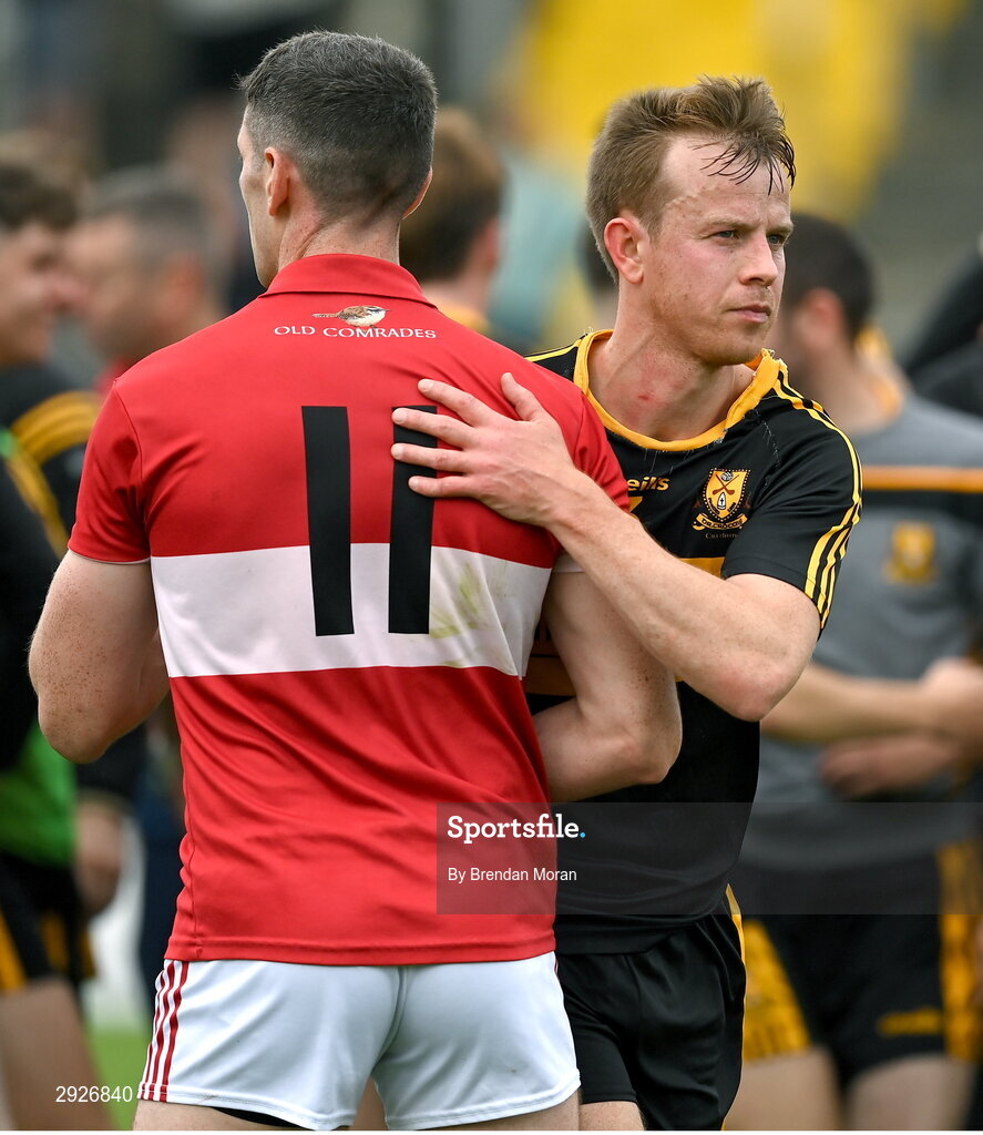 1 September 2024; Fionn Fitzgerald of Dr Crokes, right, commisserates with Paul Geaney of Dingle after the Kerry Senior Club Football Championship final between Dingle and Dr Crokes at Austin Stacks Park in Tralee, Kerry. Photo by Brendan Moran/Sportsfile