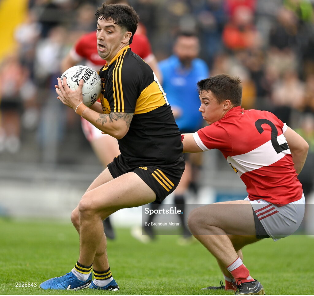 1 September 2024; Tony Brosnan of Dr Crokes in action against Conor Flannery of Dingle during the Kerry Senior Club Football Championship final between Dingle and Dr Crokes at Austin Stacks Park in Tralee, Kerry. Photo by Brendan Moran/Sportsfile