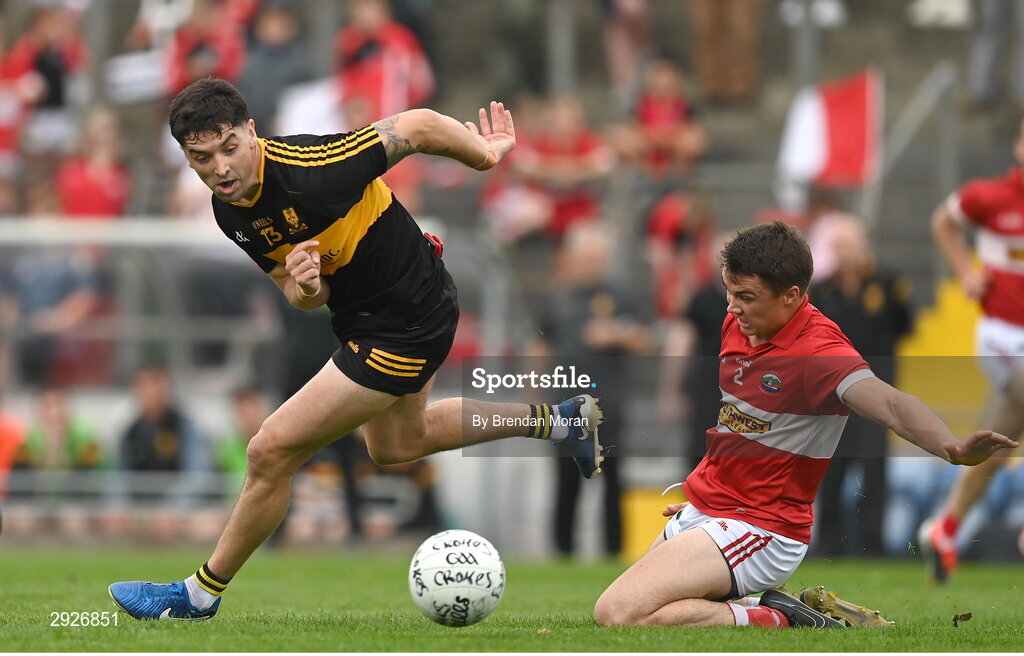 1 September 2024; Tony Brosnan of Dr Crokes in action against Conor Flannery of Dingle during the Kerry Senior Club Football Championship final between Dingle and Dr Crokes at Austin Stacks Park in Tralee, Kerry. Photo by Brendan Moran/Sportsfile