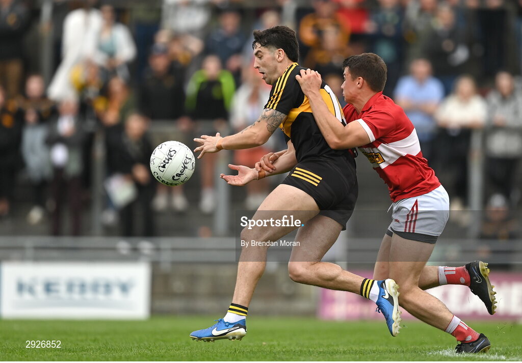 1 September 2024; Tony Brosnan of Dr Crokes in action against Conor Flannery of Dingle during the Kerry Senior Club Football Championship final between Dingle and Dr Crokes at Austin Stacks Park in Tralee, Kerry. Photo by Brendan Moran/Sportsfile