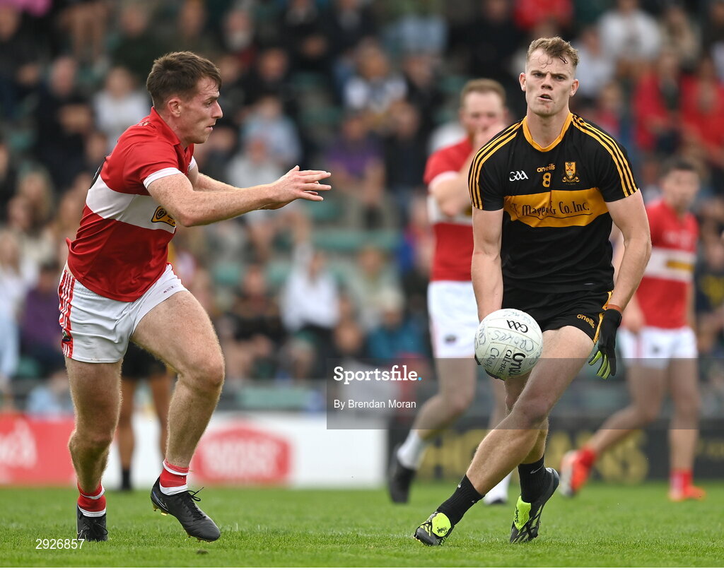 1 September 2024; Mark O'Shea of Dr Crokes in action against Barry O'Sullivan of Dingle during the Kerry Senior Club Football Championship final between Dingle and Dr Crokes at Austin Stacks Park in Tralee, Kerry. Photo by Brendan Moran/Sportsfile