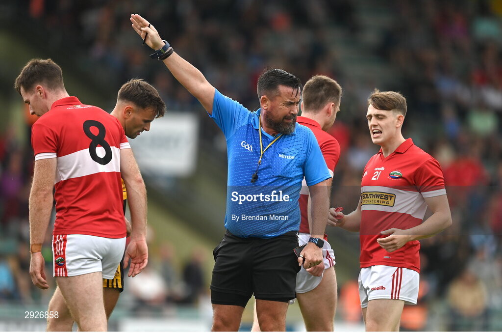 1 September 2024; Referee Seamus Mulvihill awards a free kick against Dingle during the Kerry Senior Club Football Championship final between Dingle and Dr Crokes at Austin Stacks Park in Tralee, Kerry. Photo by Brendan Moran/Sportsfile