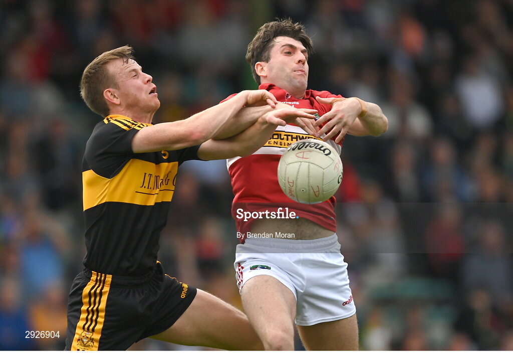 1 September 2024; Fionn Fitzgerald of Dr Crokes in action against Conor Geaney of Dingle during the Kerry Senior Club Football Championship final between Dingle and Dr Crokes at Austin Stacks Park in Tralee, Kerry. Photo by Brendan Moran/Sportsfile