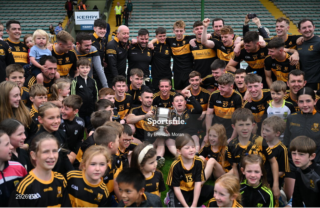 1 September 2024; The Dr Crokes team celebrate with the Michael O'Connor cup after the Kerry Senior Club Football Championship final between Dingle and Dr Crokes at Austin Stacks Park in Tralee, Kerry. Photo by Brendan Moran/Sportsfile
