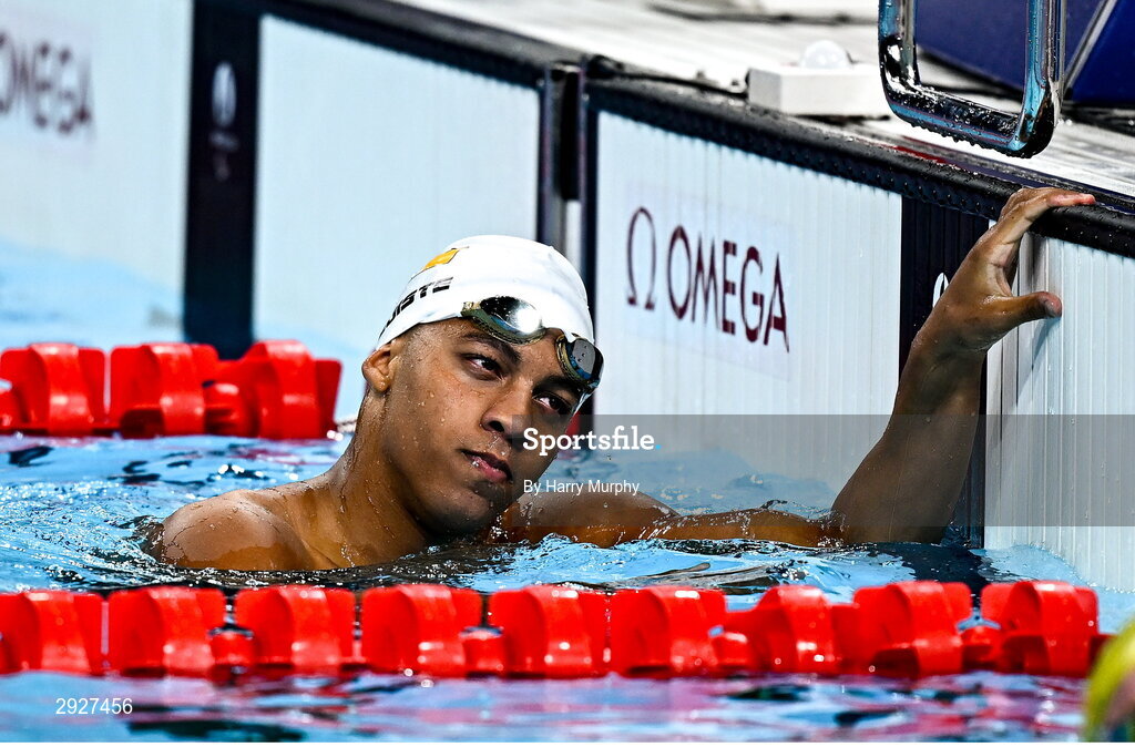 2 September 2024; Deaten Registe of Ireland reacts after finishing fourth in the men's 100m breaststroke SB14 heats on day five of the Paris 2024 Paralympic Games at La Défense Arena in Paris, France. Photo by Harry Murphy/Sportsfile