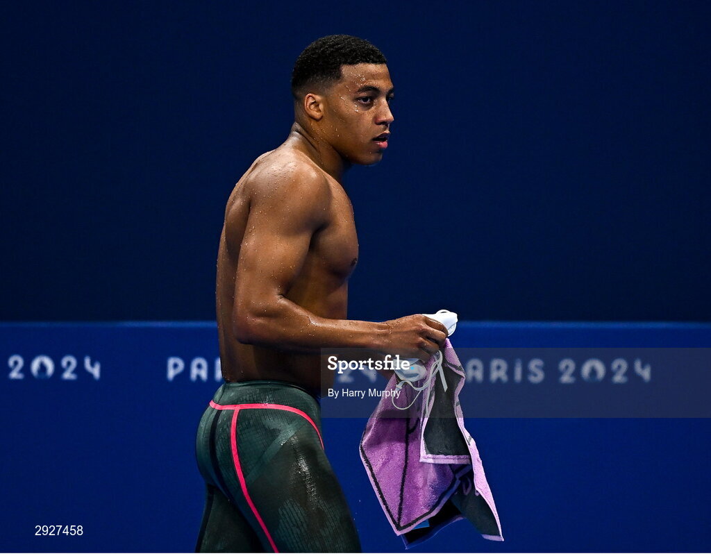 2 September 2024; Deaten Registe of Ireland after the men's 100m breaststroke SB14 heats on day five of the Paris 2024 Paralympic Games at La Défense Arena in Paris, France. Photo by Harry Murphy/Sportsfile