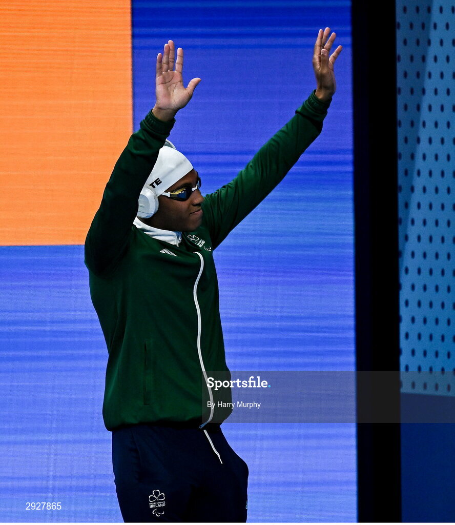 2 September 2024; Deaten Registe of Ireland before the Men's 100m Breaststroke SB14 Final on day five of the Paris 2024 Paralympic Games at La Défense Arena in Paris, France. Photo by Harry Murphy/Sportsfile