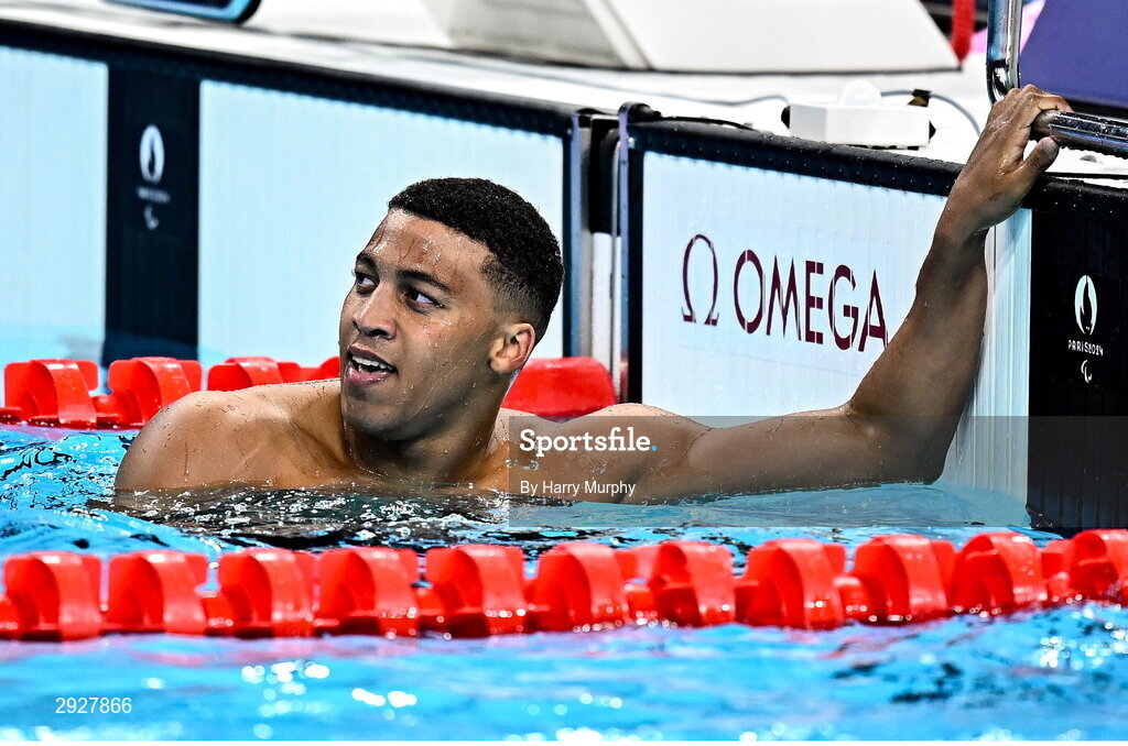 2 September 2024; Deaten Registe of Ireland after the Men's 100m Breaststroke SB14 Final on day five of the Paris 2024 Paralympic Games at La Défense Arena in Paris, France. Photo by Harry Murphy/Sportsfile