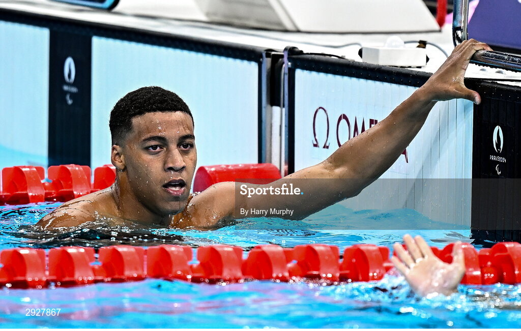 2 September 2024; Deaten Registe of Ireland after the Men's 100m Breaststroke SB14 Final on day five of the Paris 2024 Paralympic Games at La Défense Arena in Paris, France. Photo by Harry Murphy/Sportsfile