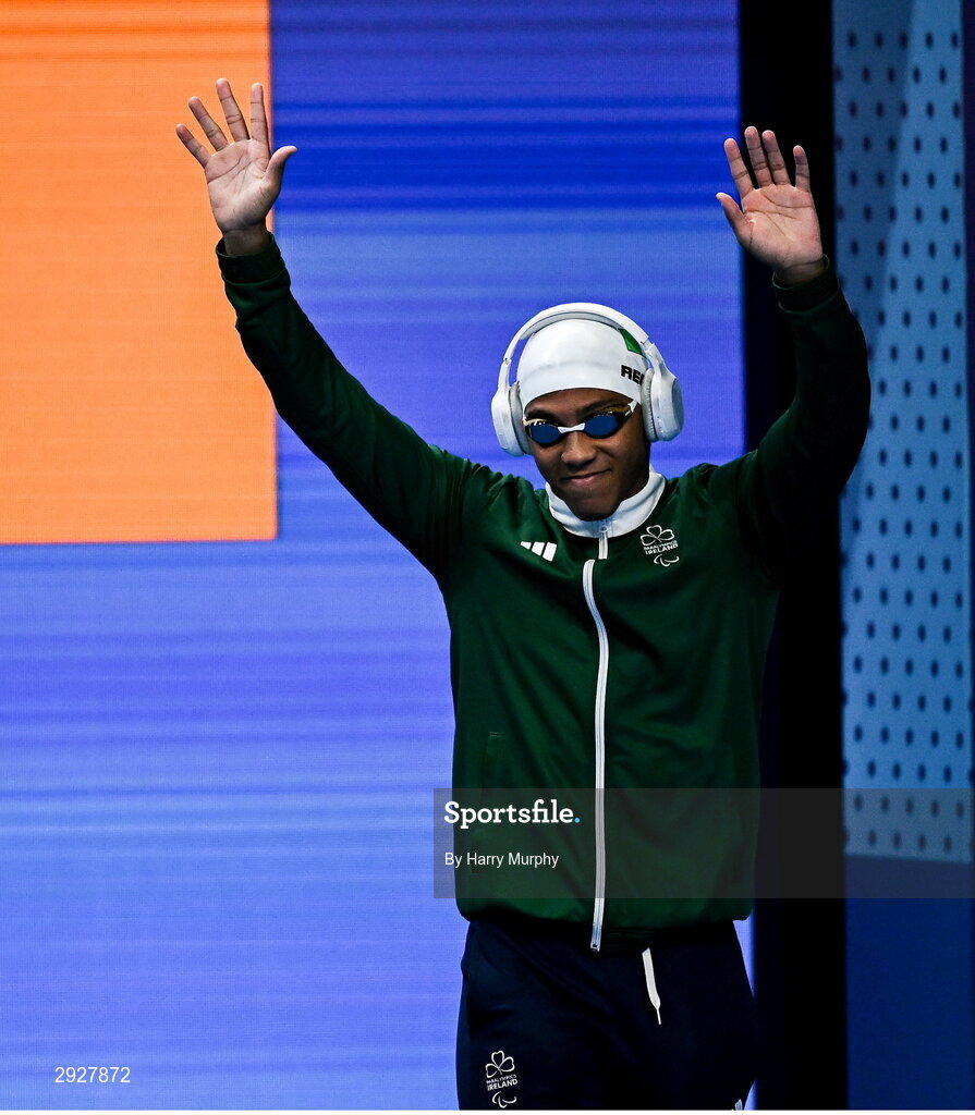 2 September 2024; Deaten Registe of Ireland before the Men's 100m Breaststroke SB14 Final on day five of the Paris 2024 Paralympic Games at La Défense Arena in Paris, France. Photo by Harry Murphy/Sportsfile