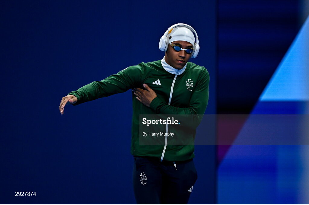 2 September 2024; Deaten Registe of Ireland before the Men's 100m Breaststroke SB14 Final on day five of the Paris 2024 Paralympic Games at La Défense Arena in Paris, France. Photo by Harry Murphy/Sportsfile