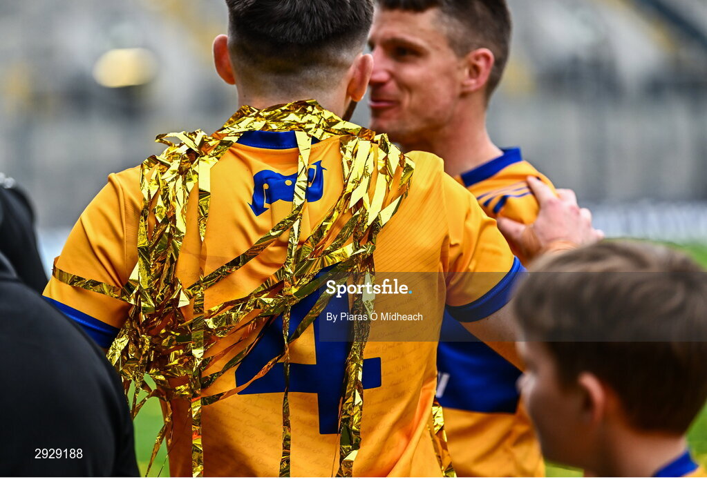 21 July 2024; Streamers on Conor Leen of Clare during the celebrations after the GAA Hurling All-Ireland Senior Championship Final between Clare and Cork at Croke Park in Dublin. Photo by Piaras Ó Mídheach/Sportsfile